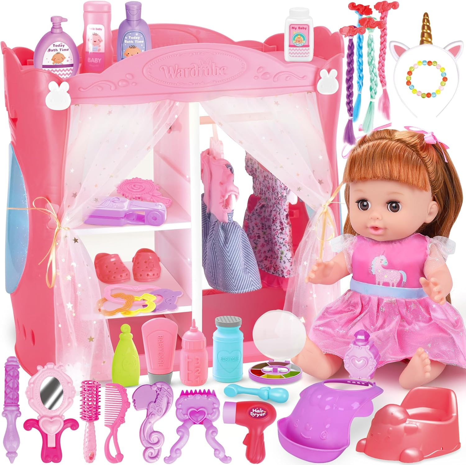 Baby Doll Playset with Wardrobe Bed & Hair Salon - 37-Piece Toy Set for Kids Ages 3-6