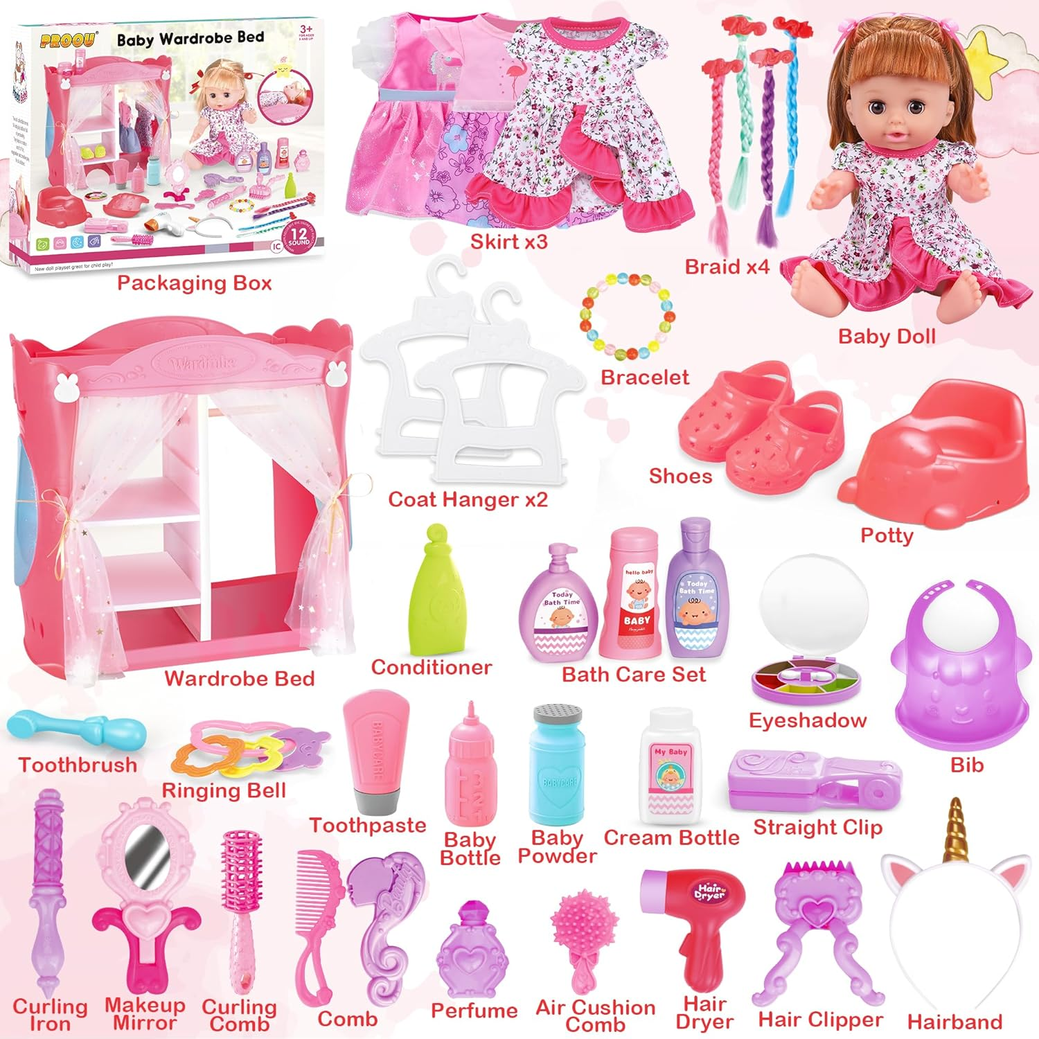 Baby Doll Playset with Wardrobe Bed & Hair Salon - 37-Piece Toy Set for Kids Ages 3-6