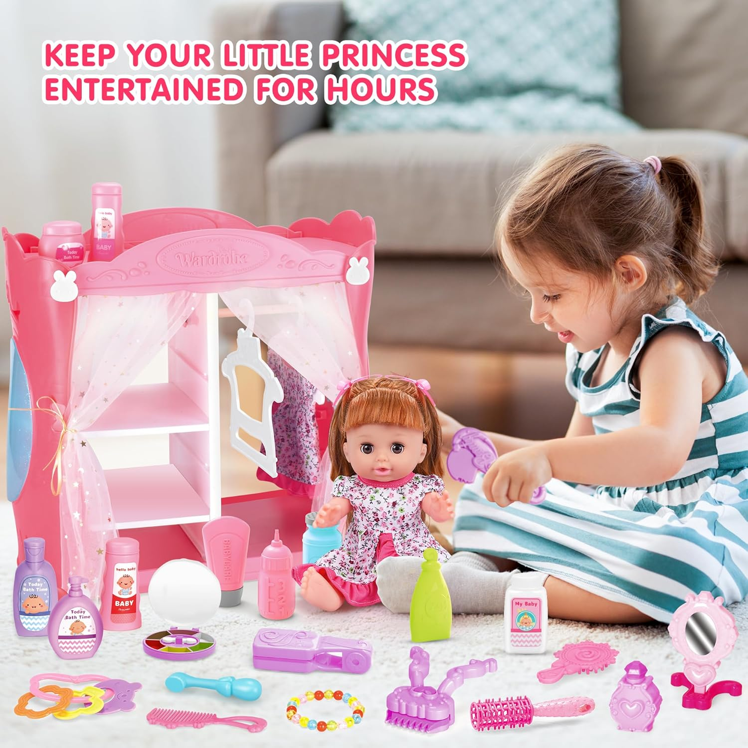 Baby Doll Playset with Wardrobe Bed & Hair Salon - 37-Piece Toy Set for Kids Ages 3-6