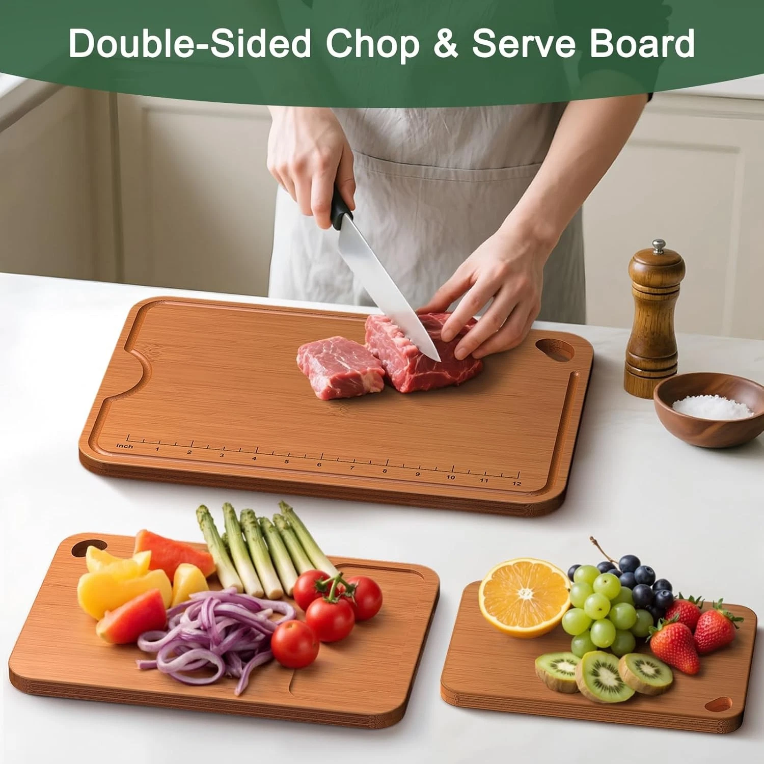 Bamboo Cutting Board Set - 3-Piece Antimicrobial Kitchen Cutting Boards