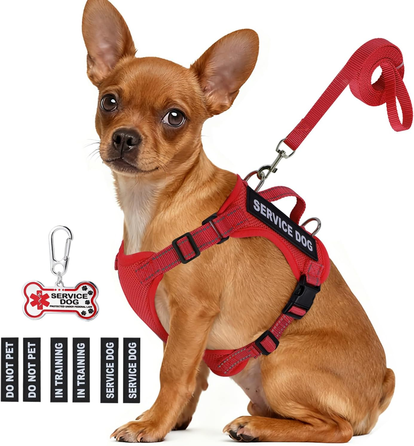 Service Dog Vest for Small Breed Dogs with ID Tag - Lightweight Harness & Leash Set with 6 Patches, Red Size S