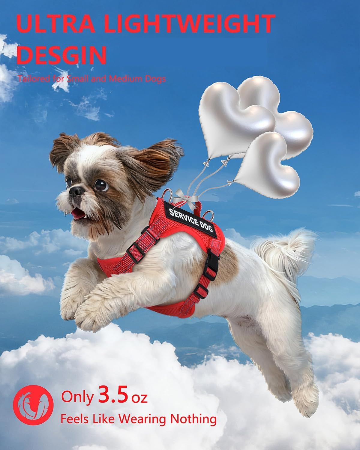 Service Dog Vest for Small Breed Dogs with ID Tag - Lightweight Harness & Leash Set with 6 Patches, Red Size S