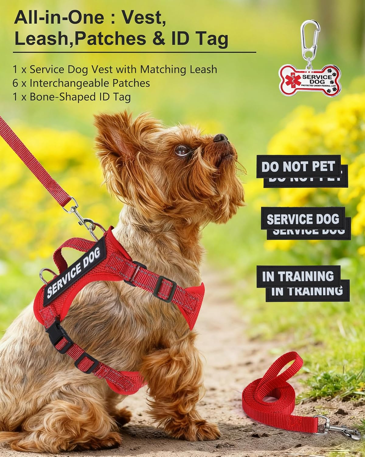 Service Dog Vest for Small Breed Dogs with ID Tag - Lightweight Harness & Leash Set with 6 Patches, Red Size S