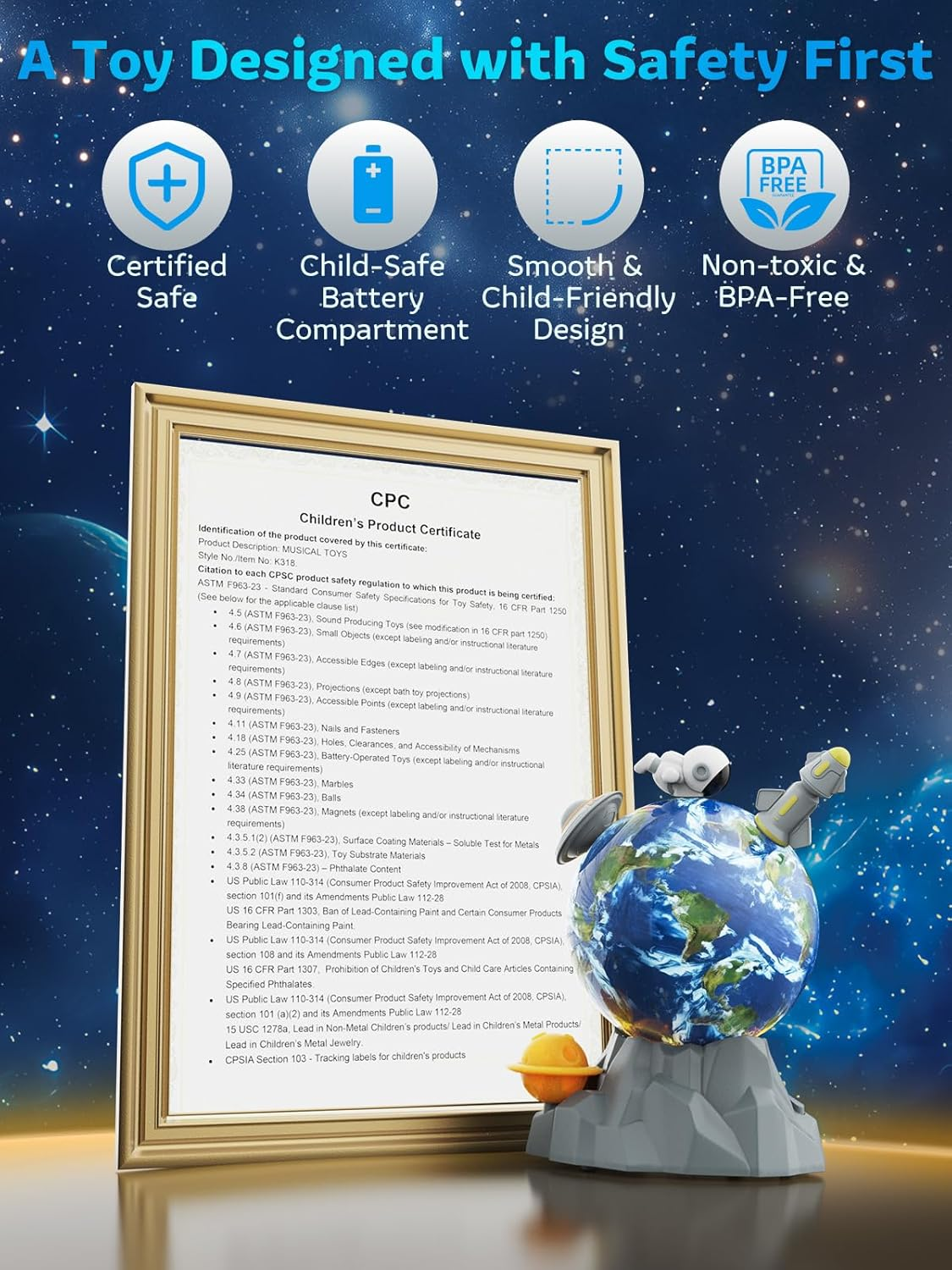 Magnetic Rotating Space Toy with Music & Light - 360° Spinning Rocket STEM Playset for Kids Ages 3-10