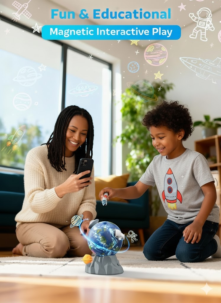 Magnetic Rotating Space Toy with Music & Light - 360° Spinning Rocket STEM Playset for Kids Ages 3-10