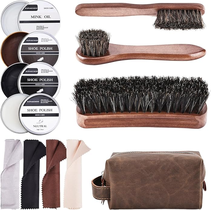 12-Piece Shoe Polish Kit with Horsehair Brushes - Premium Leather Care Set with Mink Oil & Microfiber Cloths for Men