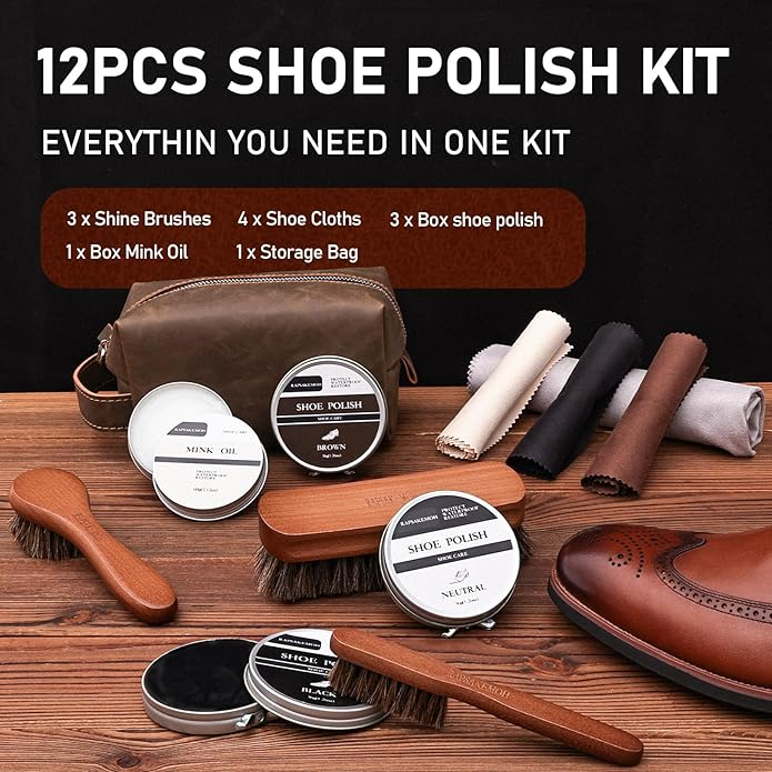12-Piece Shoe Polish Kit with Horsehair Brushes - Premium Leather Care Set with Mink Oil & Microfiber Cloths for Men
