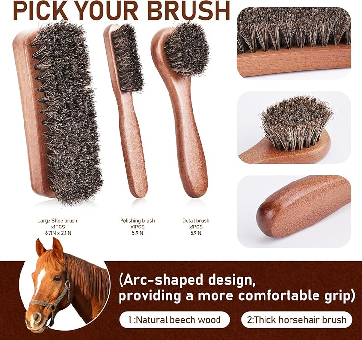 12-Piece Shoe Polish Kit with Horsehair Brushes - Premium Leather Care Set with Mink Oil & Microfiber Cloths for Men