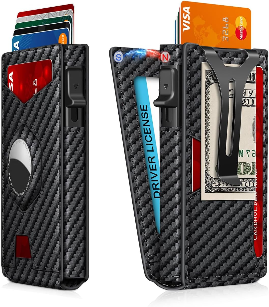 Smart AirTag Wallet for Men - RFID Blocking Metal Card Holder with Pop-Up Design