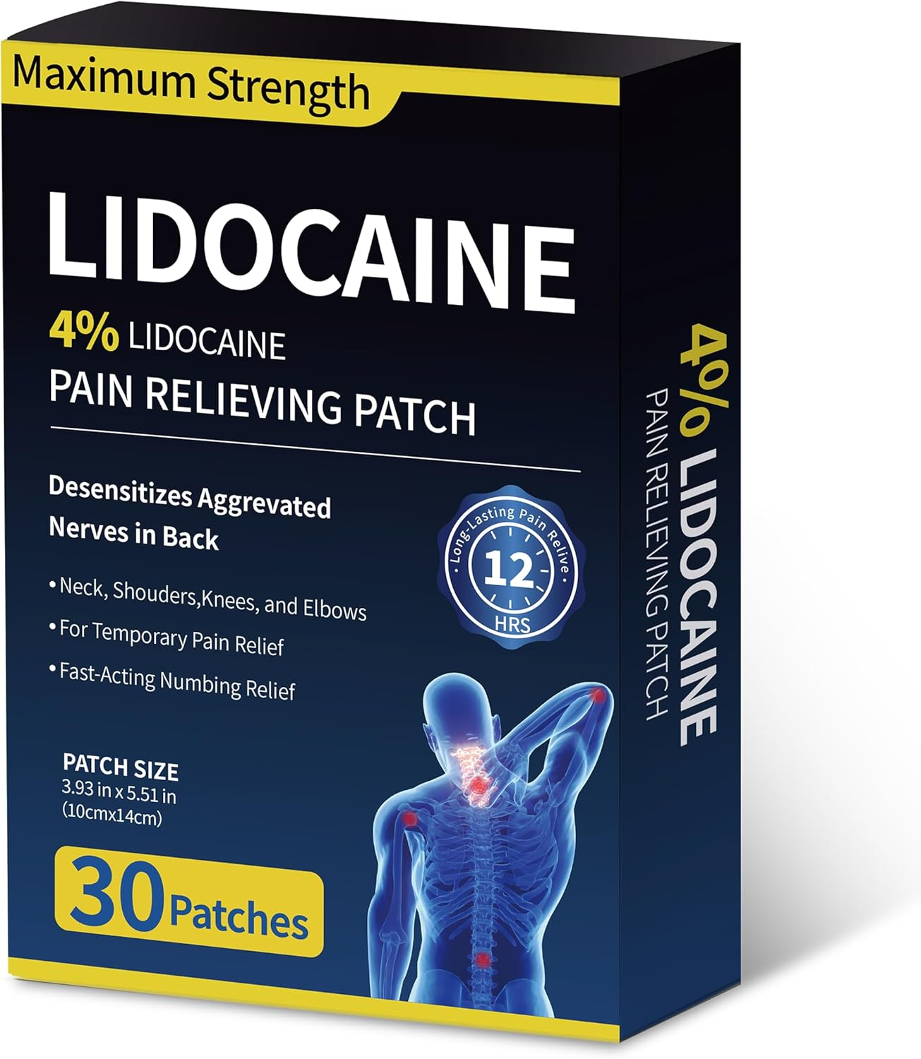4% Lidocaine Pain Relief Patches - Maximum Strength for Back, Neck & Joint Pain (30 Large Patches)