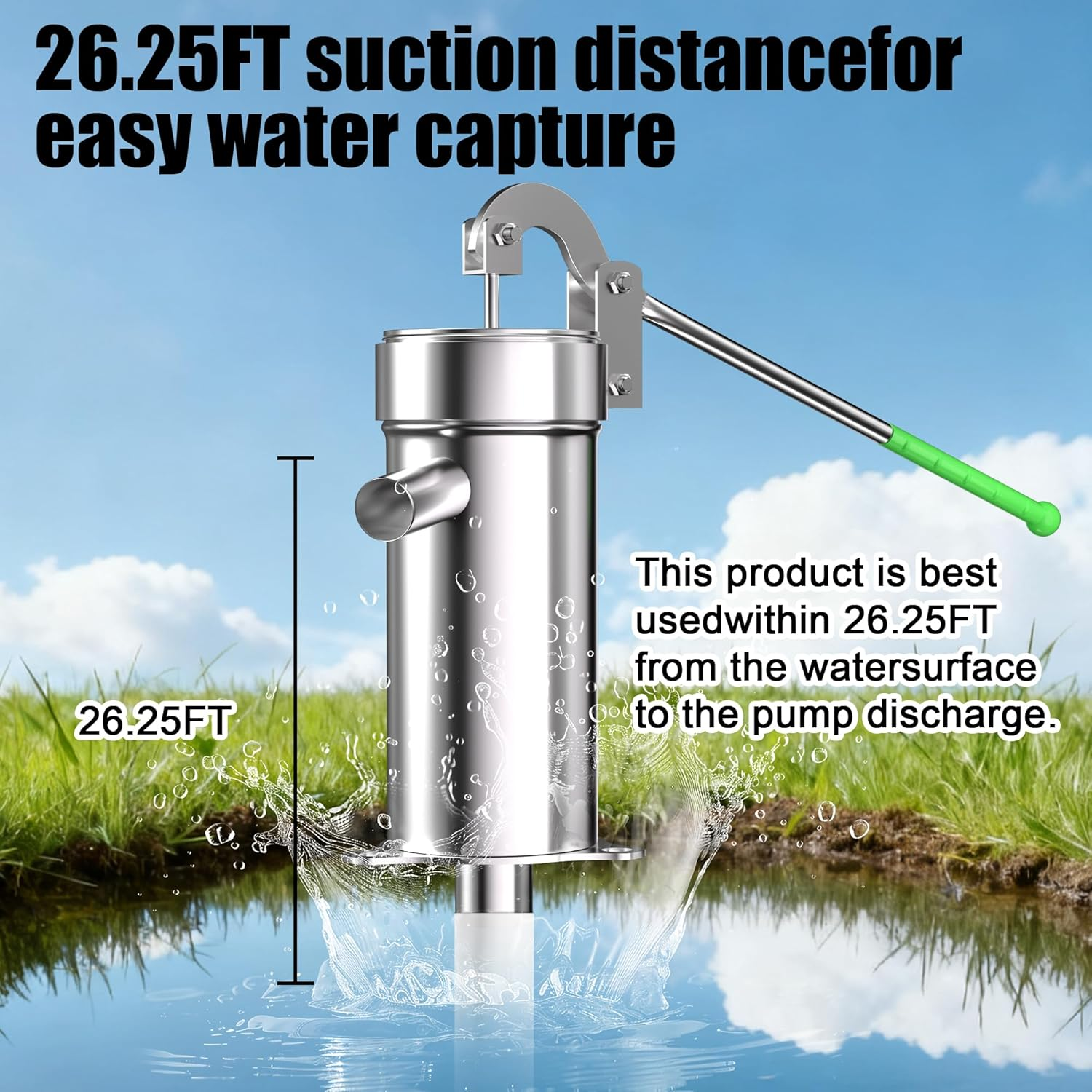 Stainless Steel Manual Well Pump - Hand Water Pump for Shallow Wells (26ft Lift) - Garden & Emergency Backup