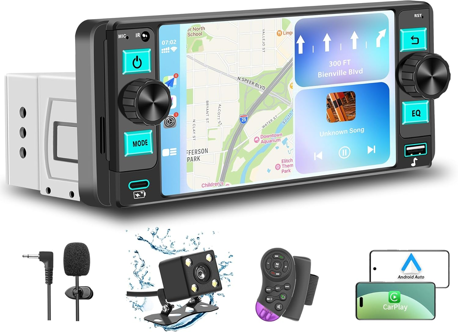 Single Din Car Stereo with Apple CarPlay - 5.7" HD Touchscreen Radio with Bluetooth & Android Auto