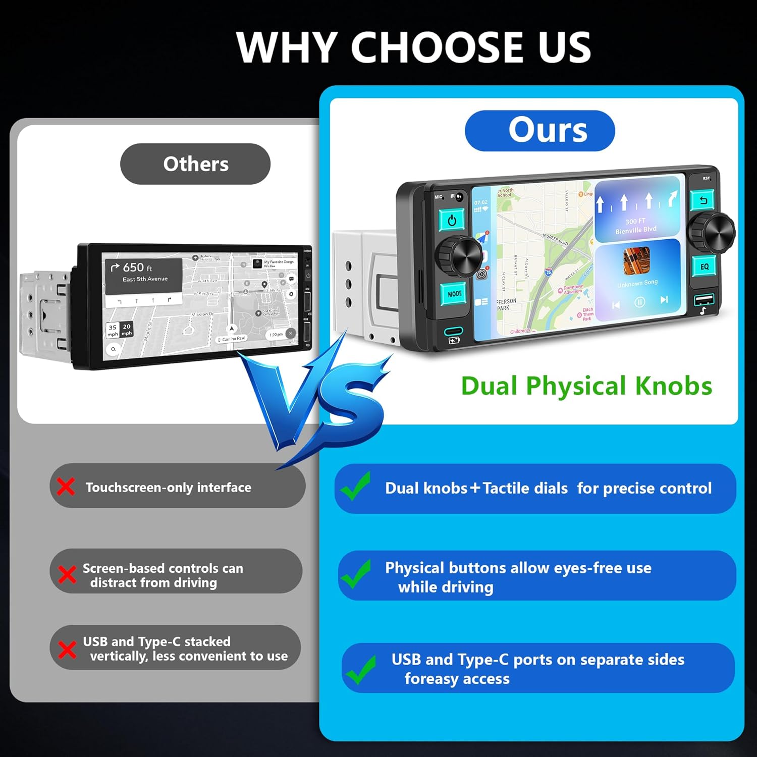 Single Din Car Stereo with Apple CarPlay - 5.7" HD Touchscreen Radio with Bluetooth & Android Auto