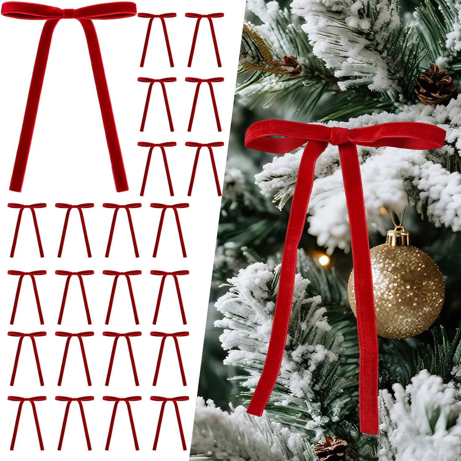 24pcs Red Velvet Bows for Christmas Tree - Vintage Rustic Ribbon Ornaments