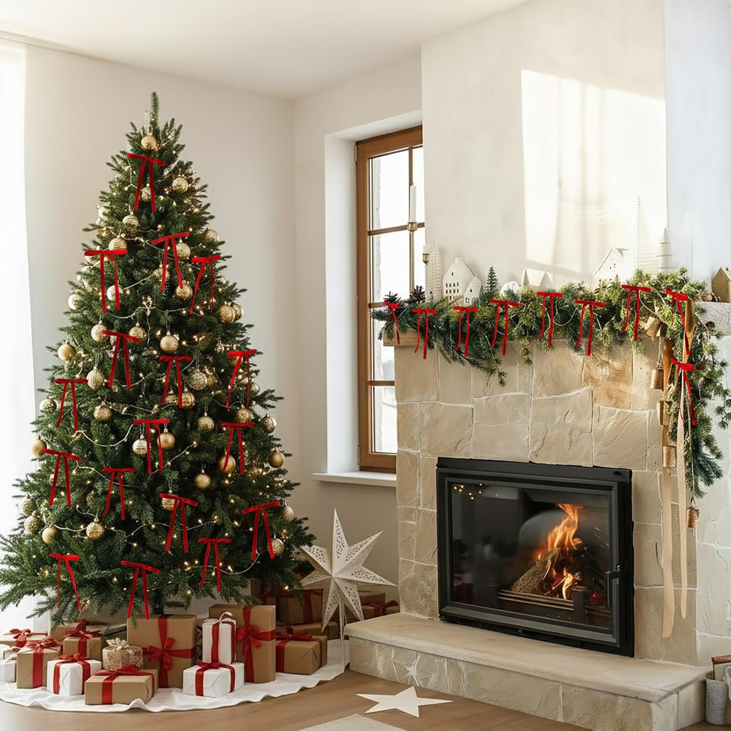 24pcs Red Velvet Bows for Christmas Tree - Vintage Rustic Ribbon Ornaments