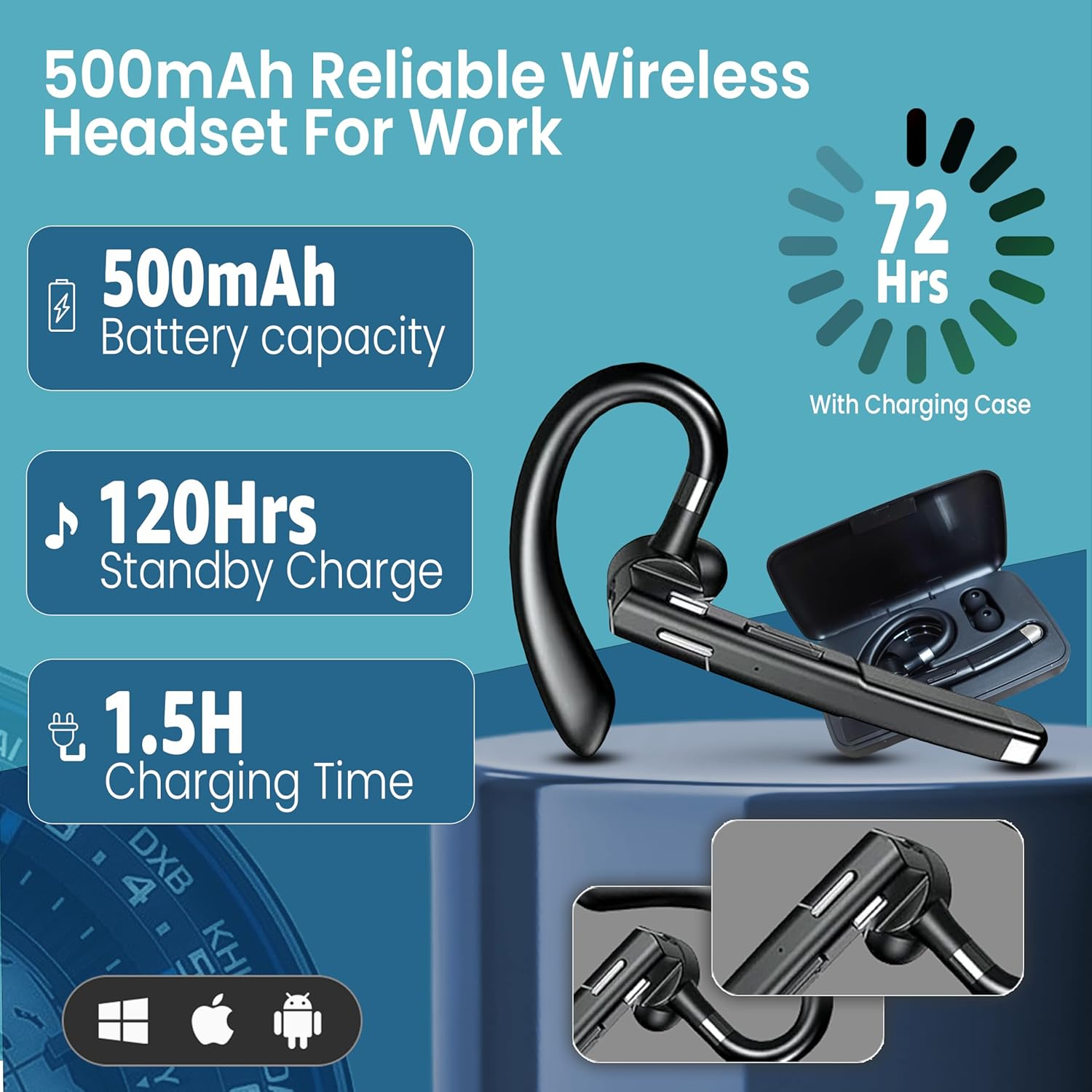 Wireless Bluetooth Headset with Mic & Noise Cancelling - 72H Talk Time for Truck Drivers