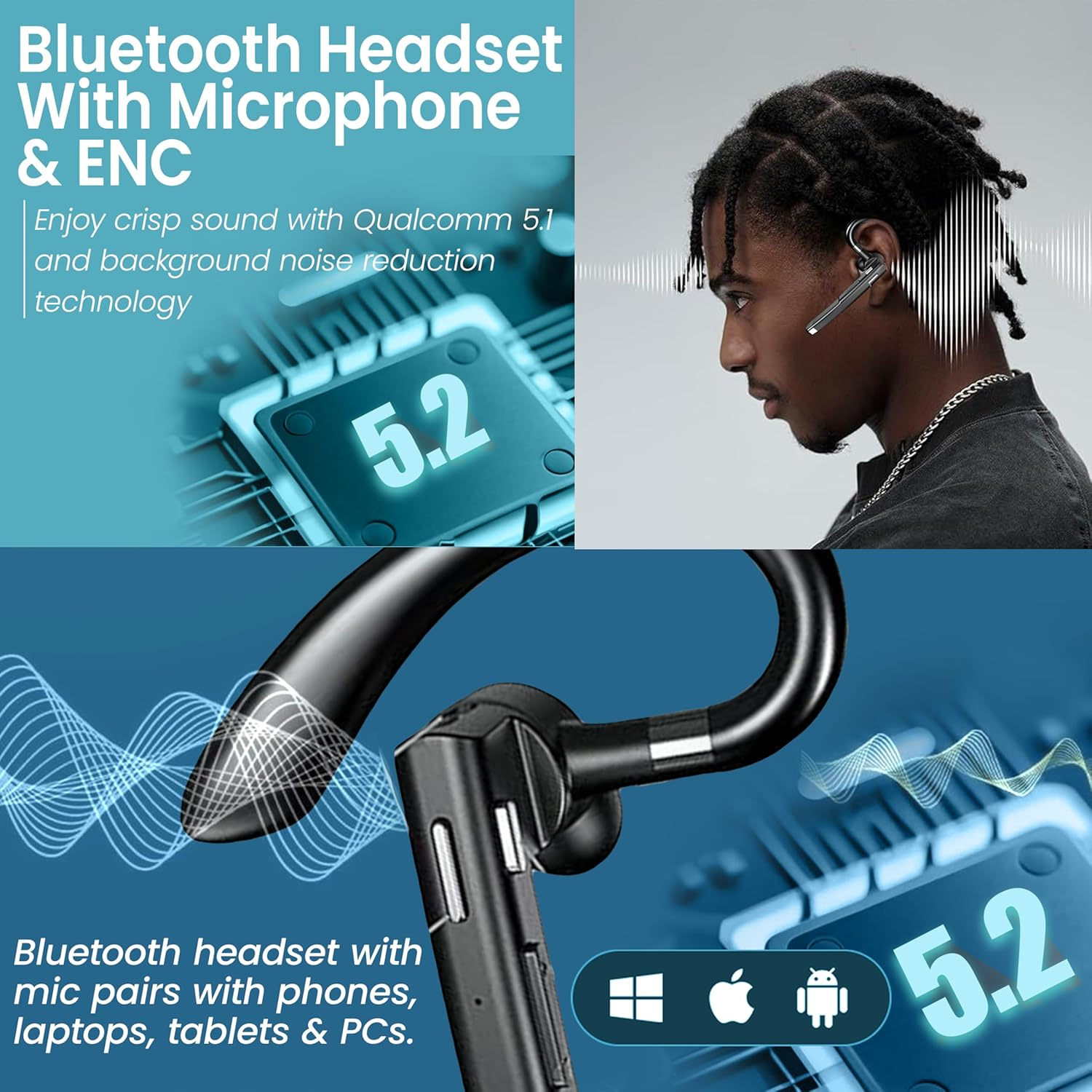 Wireless Bluetooth Headset with Mic & Noise Cancelling - 72H Talk Time for Truck Drivers
