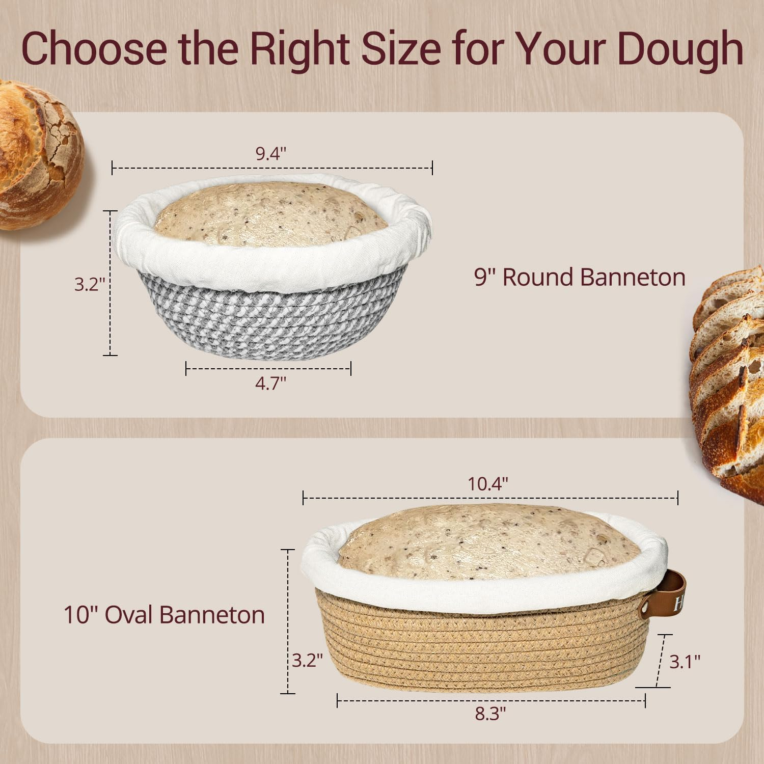 Sourdough Bread Proofing Basket Set - 9" Round & 10" Oval with Liners