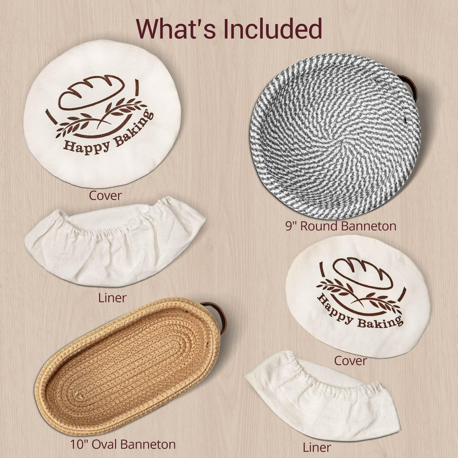 Sourdough Bread Proofing Basket Set - 9" Round & 10" Oval with Liners