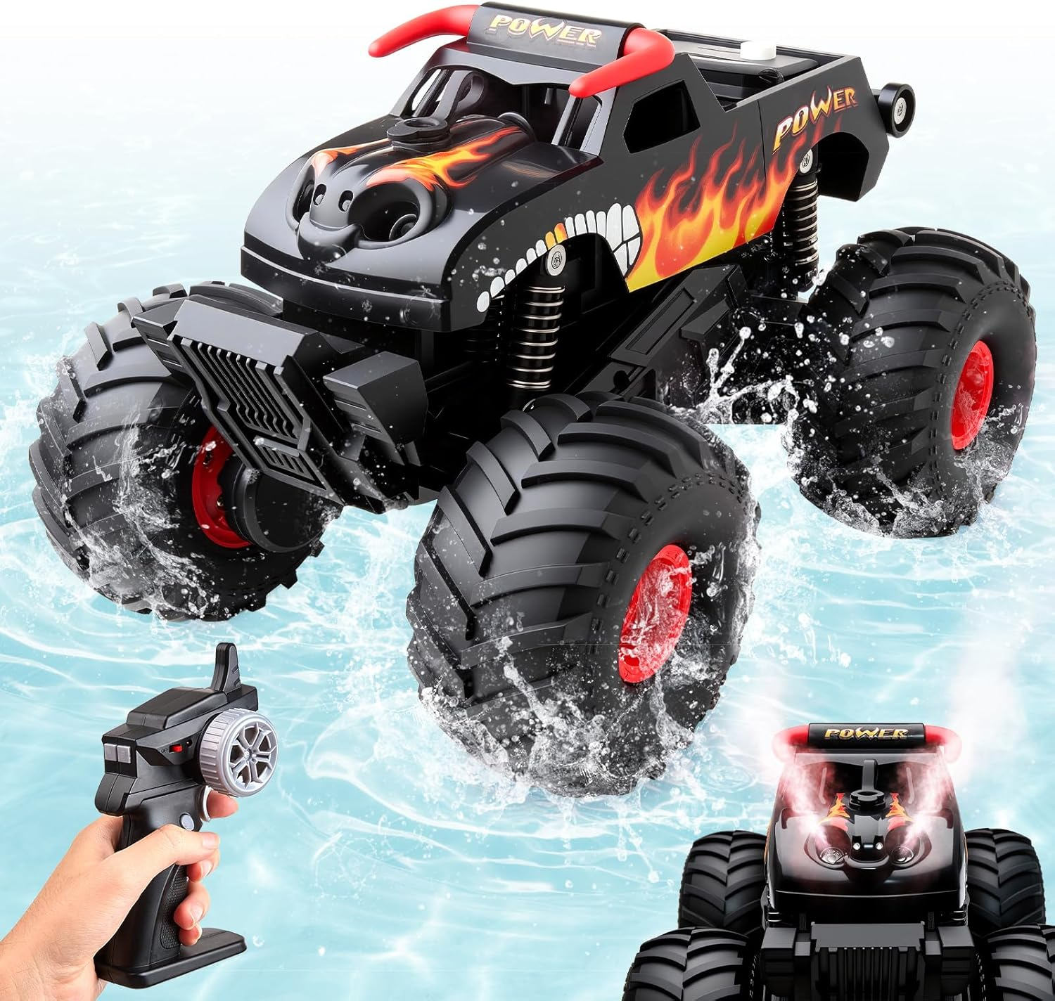 Amphibious RC Truck Car for Kids - High Speed Remote Control Waterproof Toy with LED Lights, 60 Min Battery - Black M