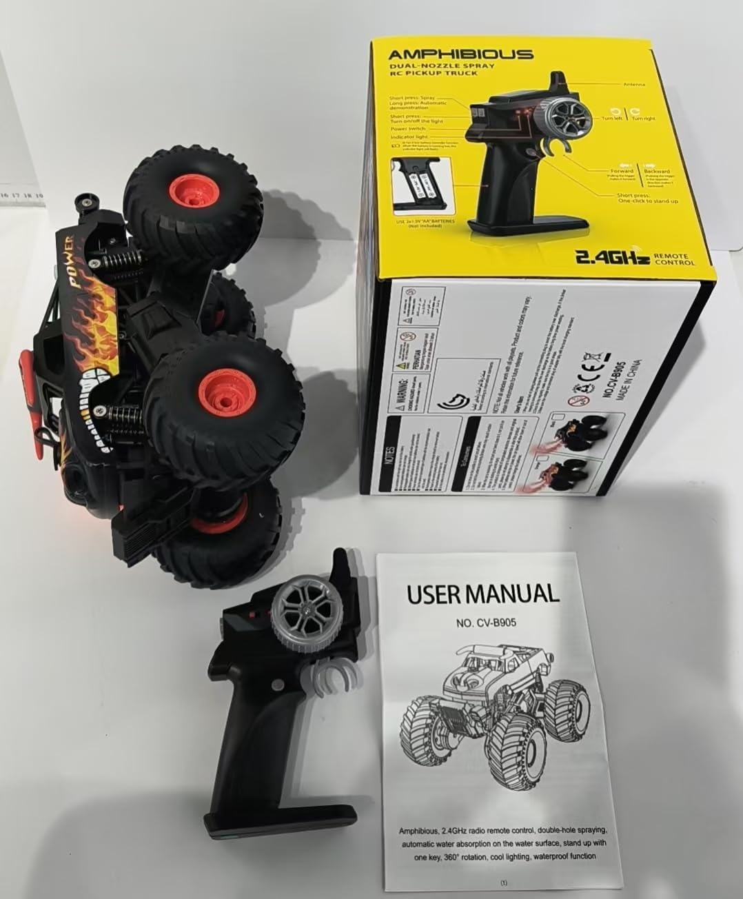 Amphibious RC Truck Car for Kids - High Speed Remote Control Waterproof Toy with LED Lights, 60 Min Battery - Black M