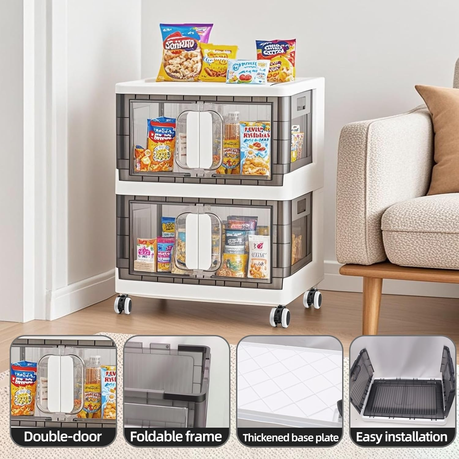 This heavy-duty plastic storage bin combines practical design with quiet operation