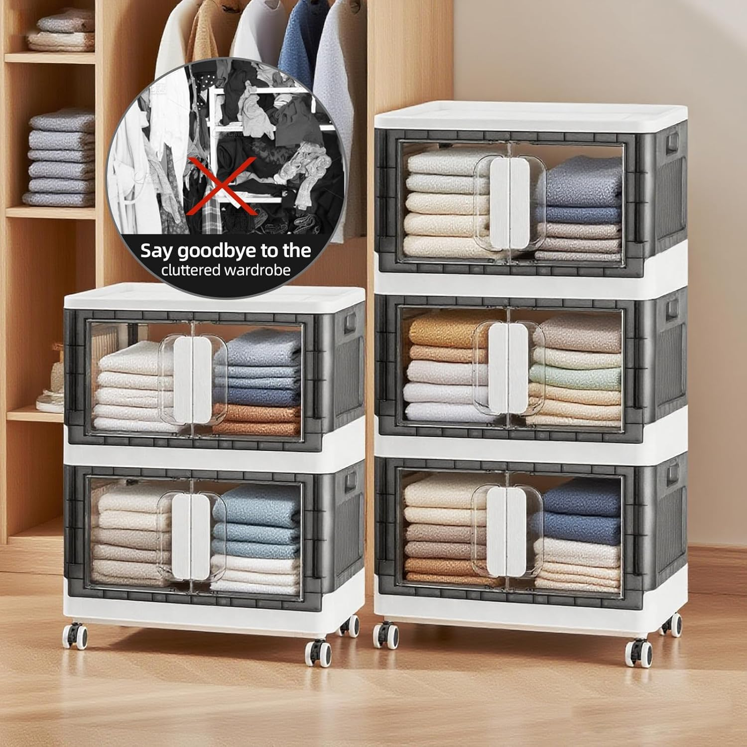 This heavy-duty plastic storage bin combines practical design with quiet operation