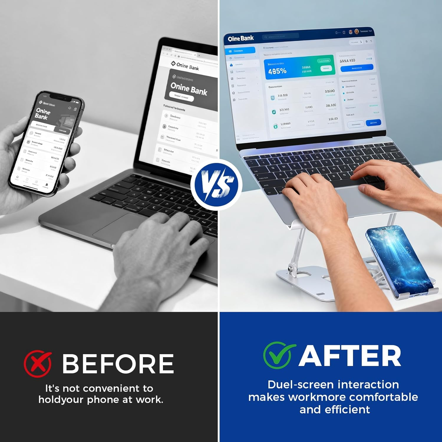 Adjustable Laptop Stand 2-in-1 Phone Holder - Ergonomic Desk Riser for Home Office