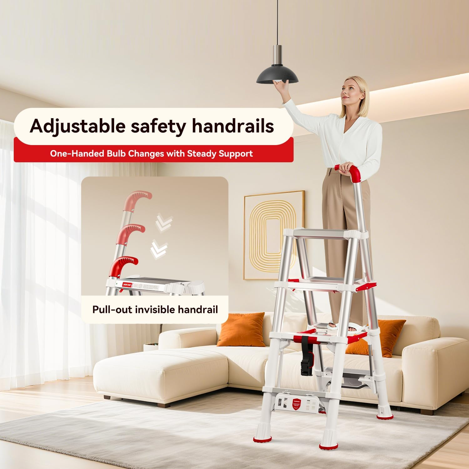 Telescoping A-Frame Ladder 4-Step Aluminum - 600lbs Capacity with Safety Lock & Compact 3.5ft Storage