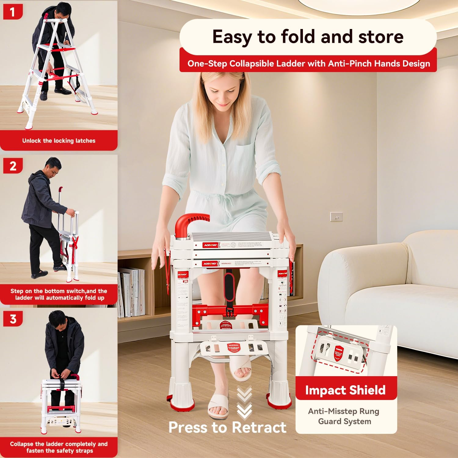 Telescoping A-Frame Ladder 4-Step Aluminum - 600lbs Capacity with Safety Lock & Compact 3.5ft Storage