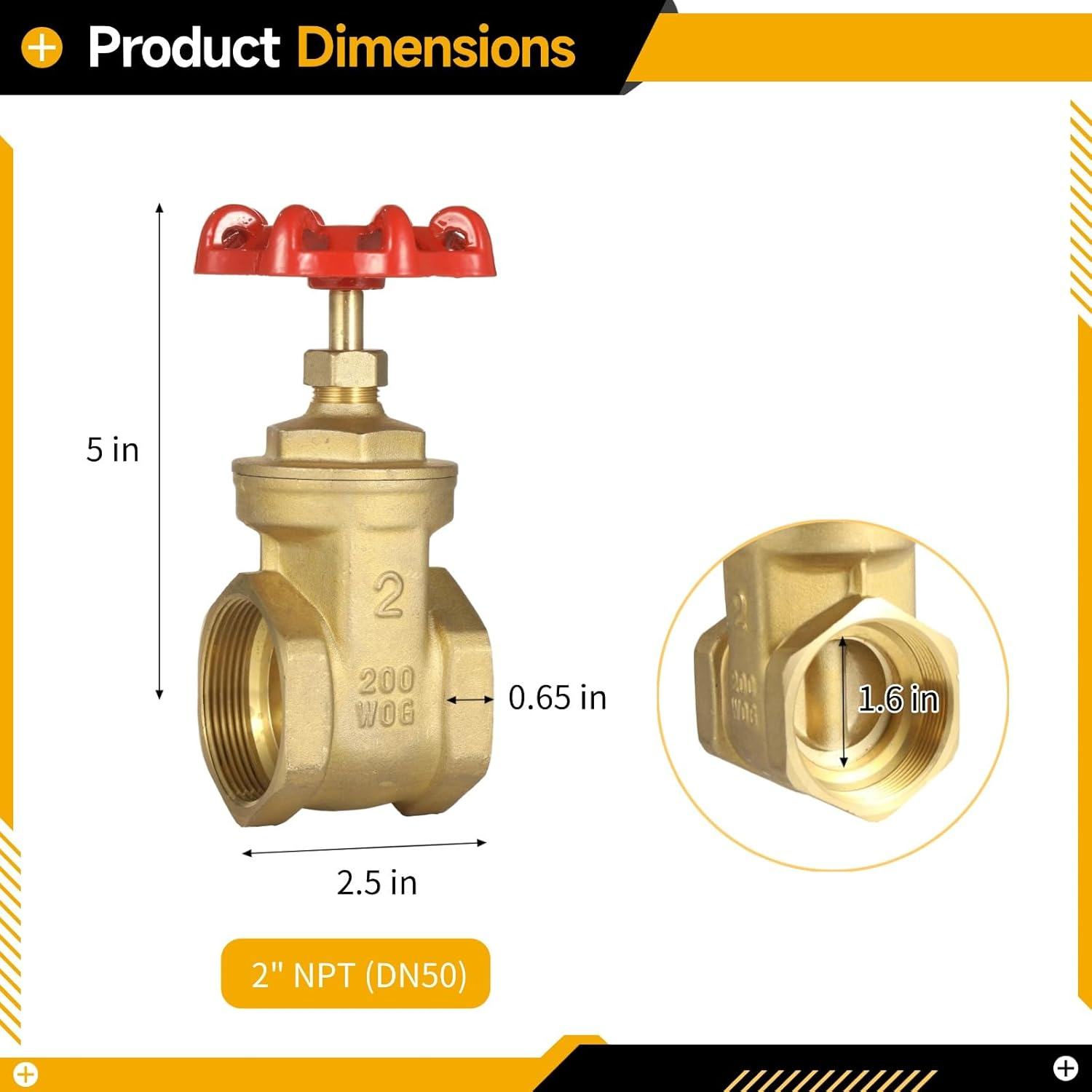2" NPT Brass Gate Valve - Heavy-Duty DN50 Full Port with Manual Wheel Handle for Industrial Plumbing