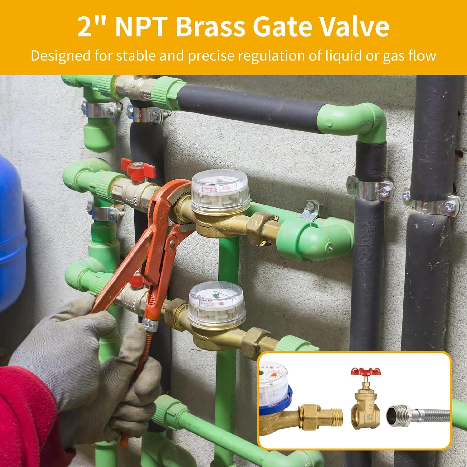 2" NPT Brass Gate Valve - Heavy-Duty DN50 Full Port with Manual Wheel Handle for Industrial Plumbing