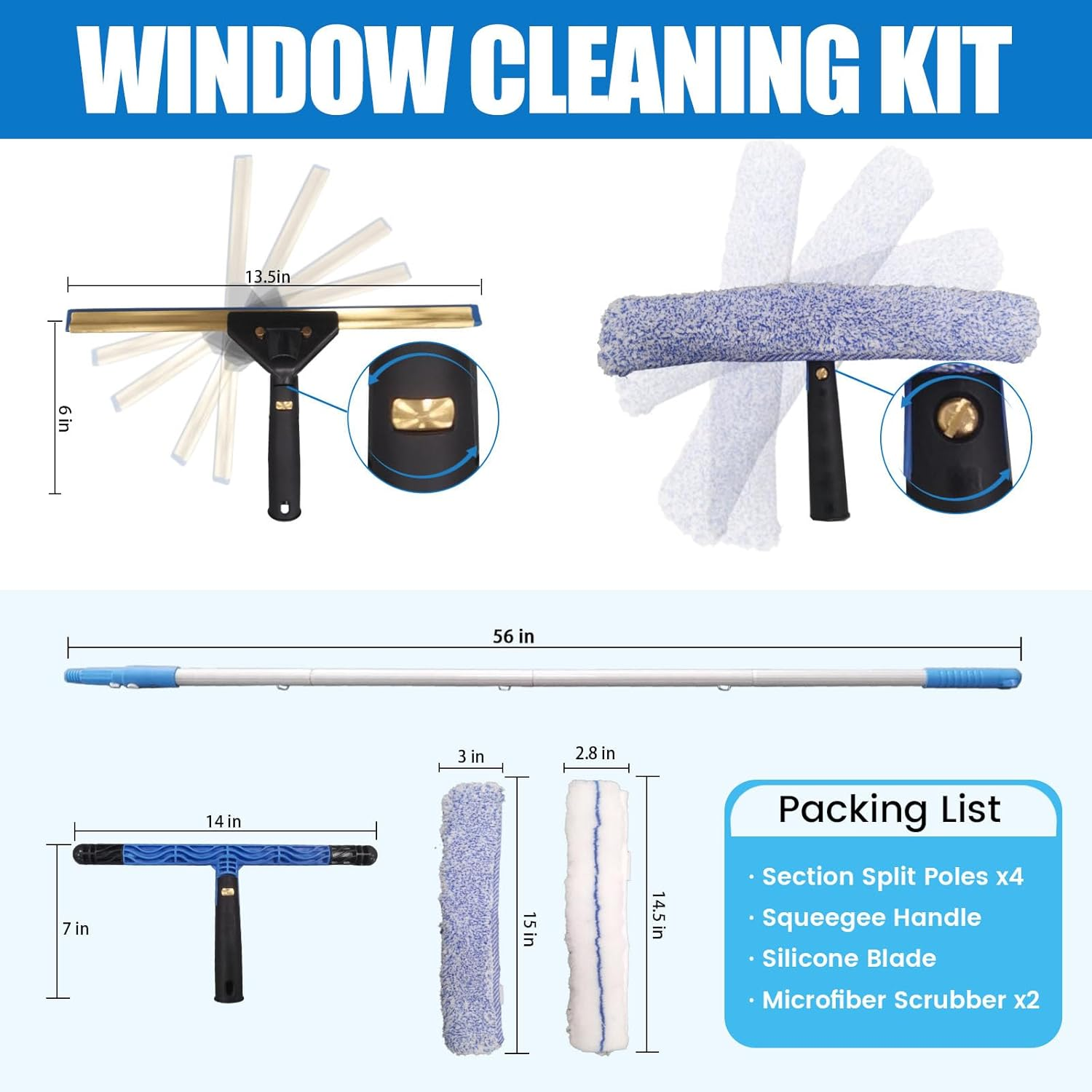 Window Cleaning Kit with 4.13ft Extension Pole - Professional Squeegee Set with Microfiber Scrubber & Silicone Scraper for High Windows