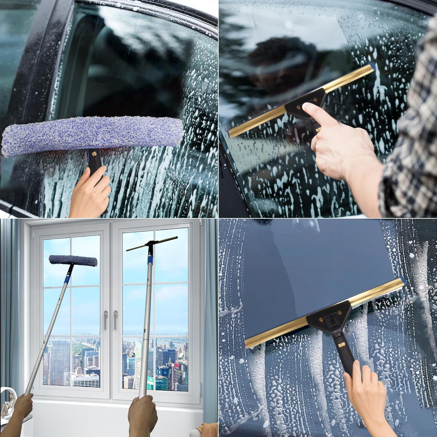 Window Cleaning Kit with 4.13ft Extension Pole - Professional Squeegee Set with Microfiber Scrubber & Silicone Scraper for High Windows