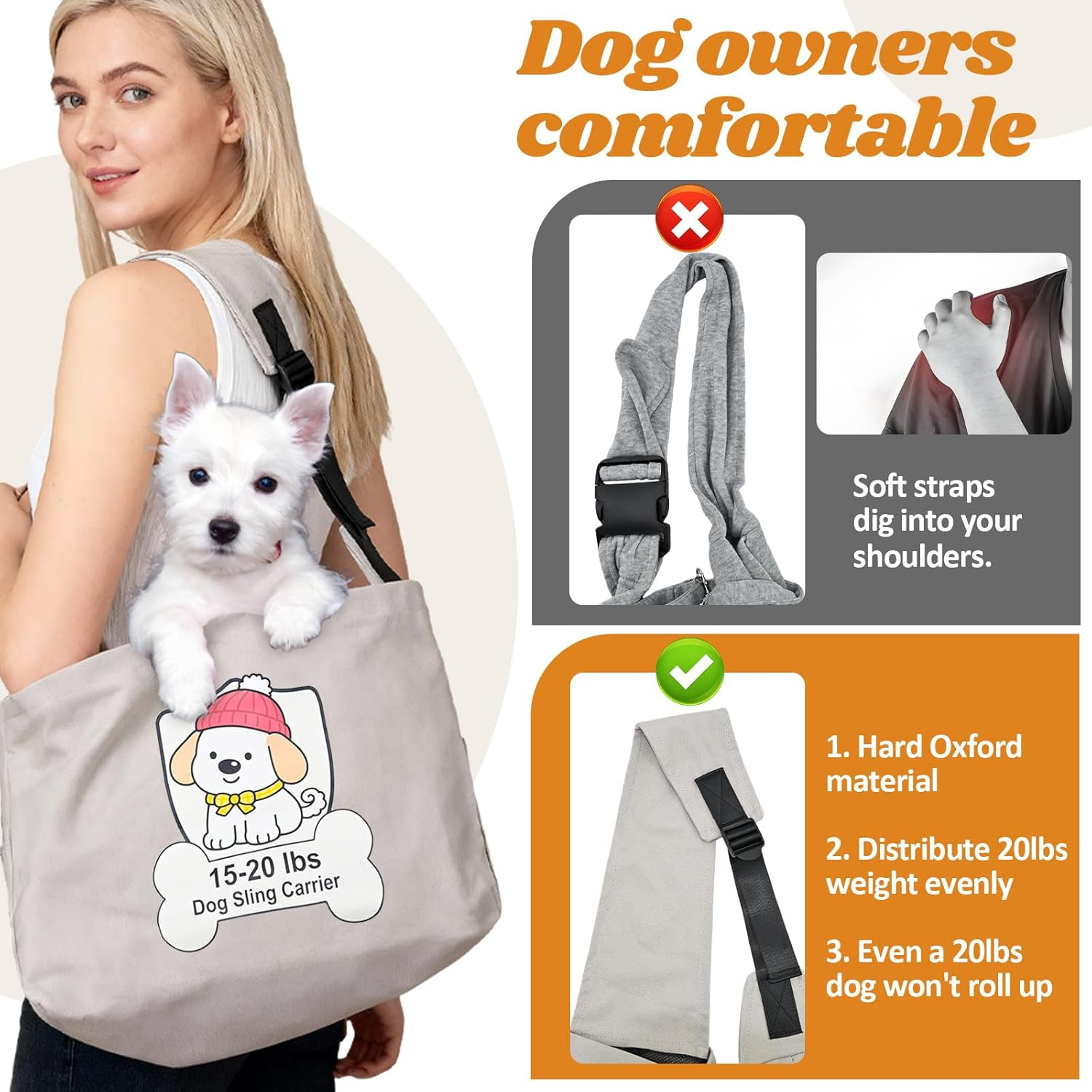 Dog Sling Carrier for Small Dogs 15-20 lbs - Hands-Free Pet Carrier with Hard Bottom Support for French Bulldogs, Corgis & Westies