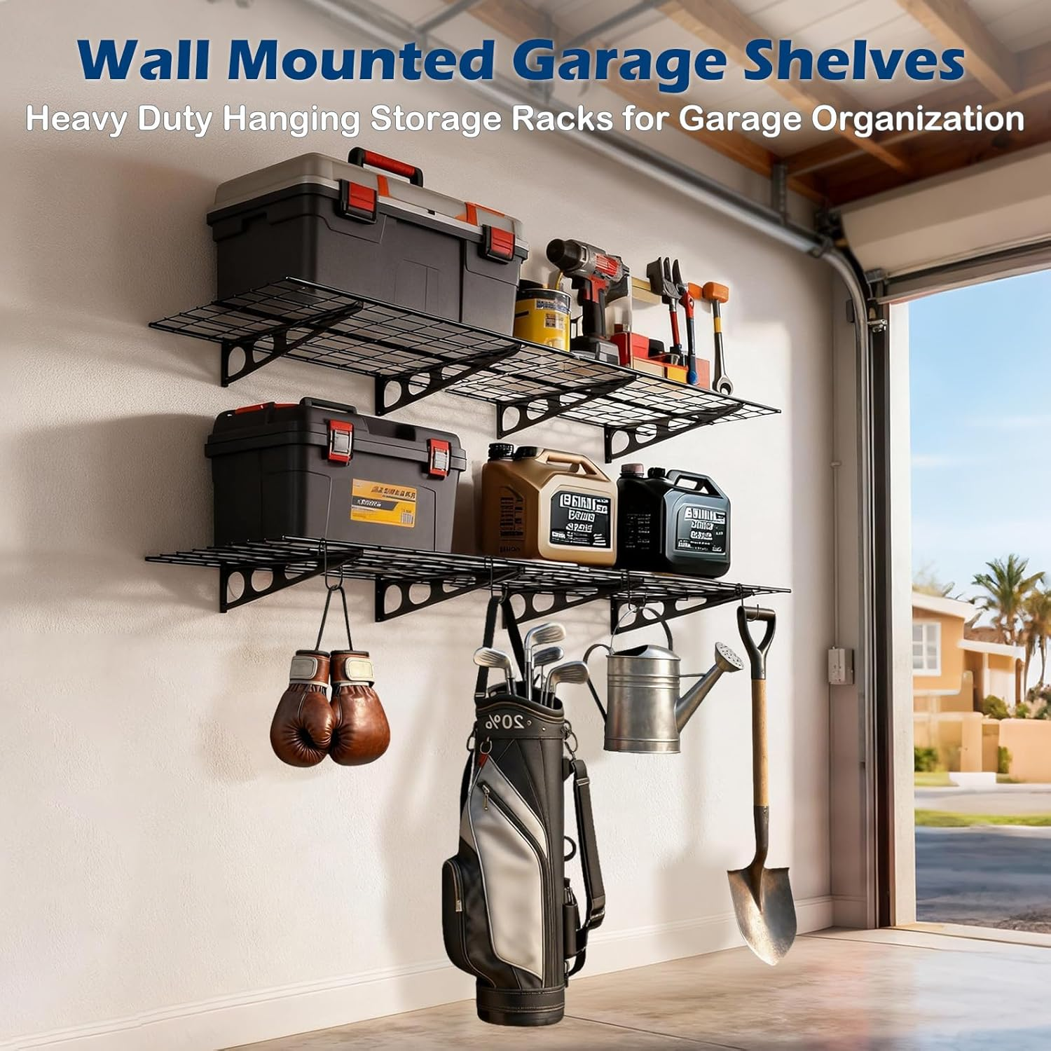 Heavy Duty Garage Wall Shelving - 2 Pack 24x36 Inch Metal Floating Shelves with Hooks, 1400 lbs Capacity for Workshop Storage