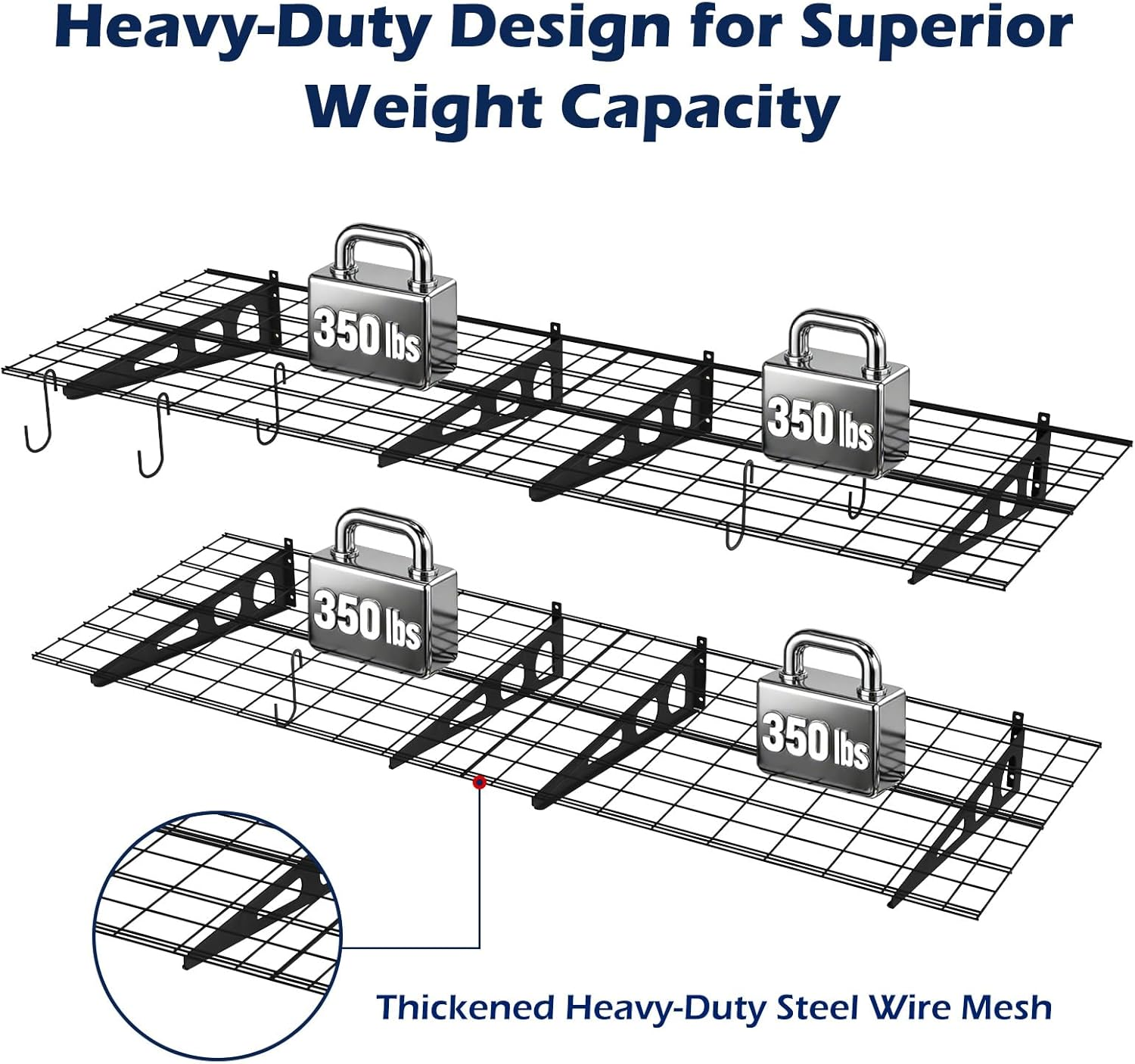 Heavy Duty Garage Wall Shelving - 2 Pack 24x36 Inch Metal Floating Shelves with Hooks, 1400 lbs Capacity for Workshop Storage