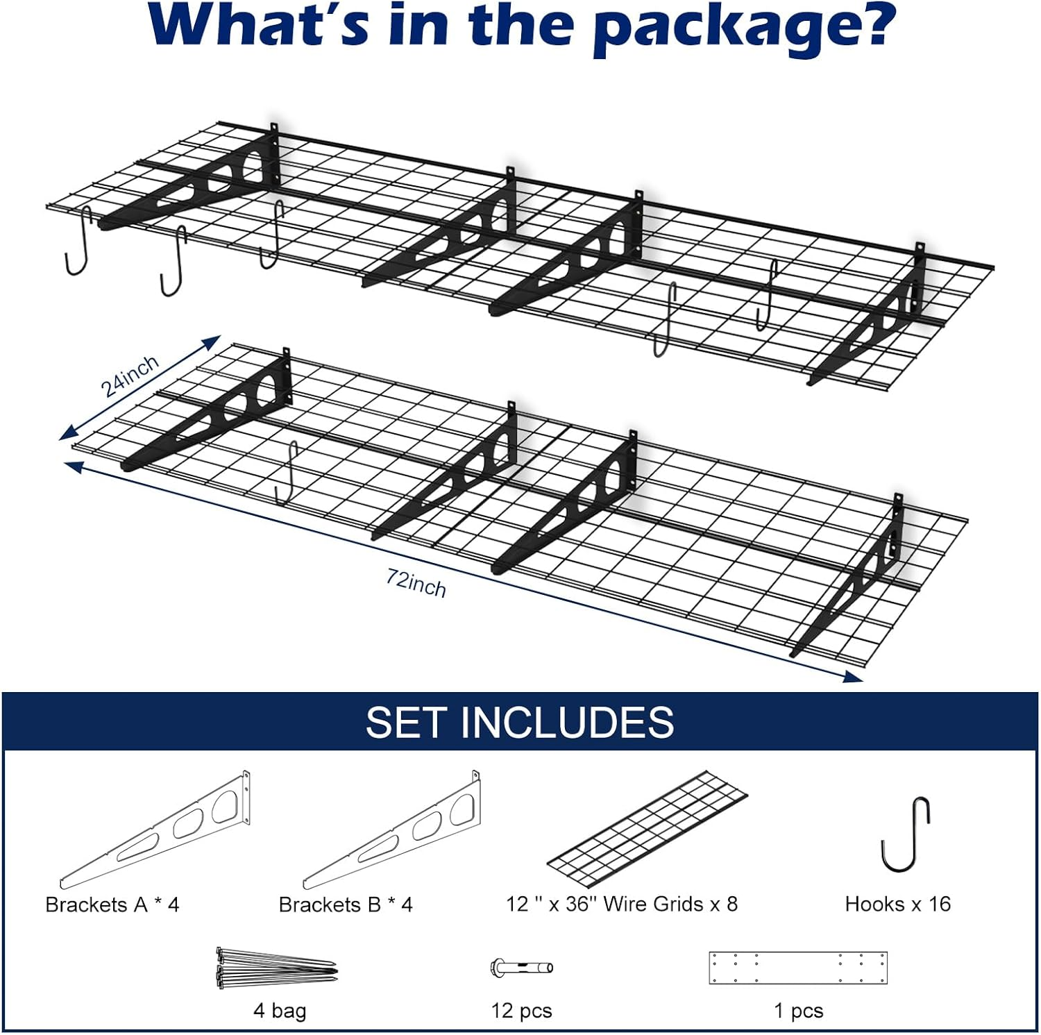 Heavy Duty Garage Wall Shelving - 2 Pack 24x36 Inch Metal Floating Shelves with Hooks, 1400 lbs Capacity for Workshop Storage