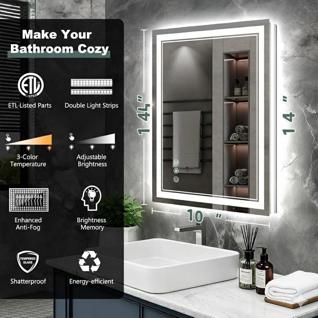 14x10 Inch LED Vanity Mirror - Wall Mounted Bathroom Mirror with Front & Back Lighting, Anti-Fog, Dimmable 3 Color Modes
