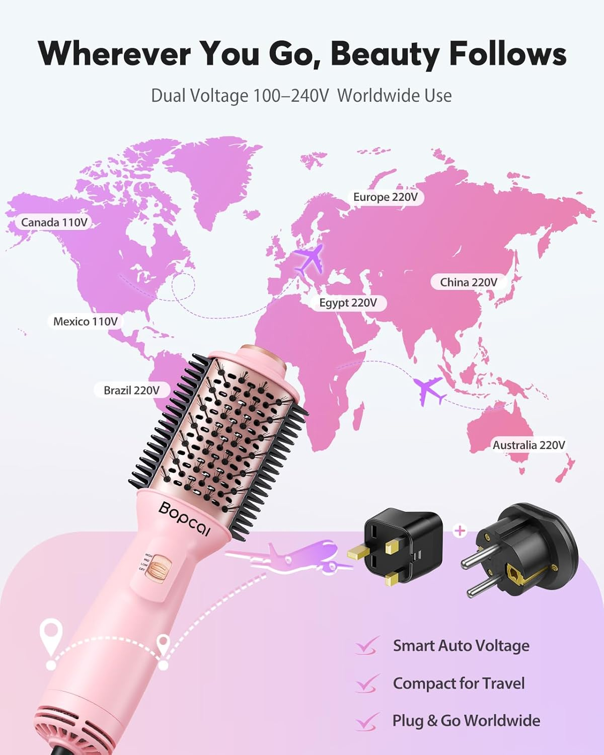 Dual Voltage Travel Blow Dryer Brush - Mini 4-in-1 Hot Air Brush with Ionic Technology | 100-240V
