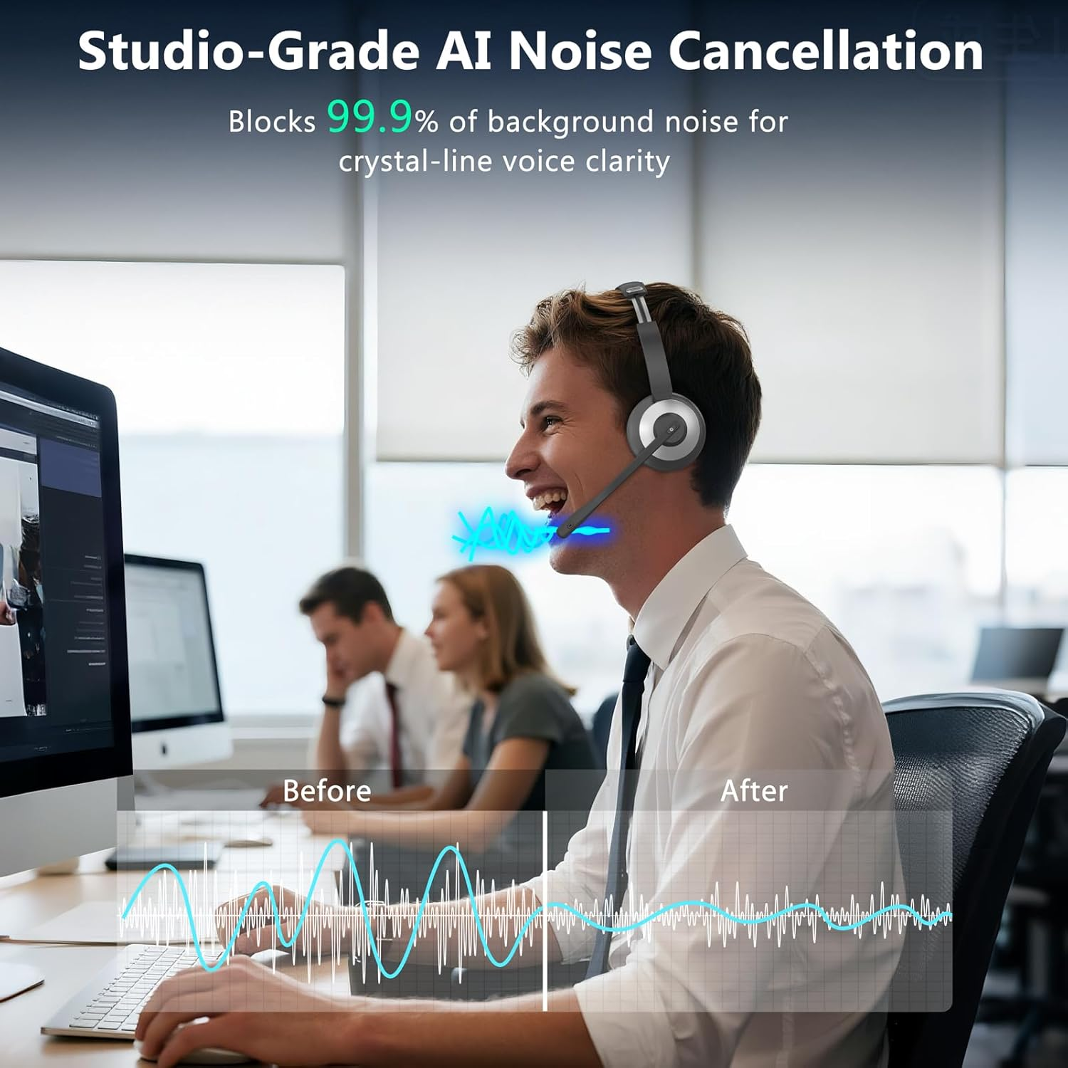 Wireless Headset with Microphone - Bluetooth 6.0 AI Noise Cancelling Headset for PC, Mobile & Call Centers