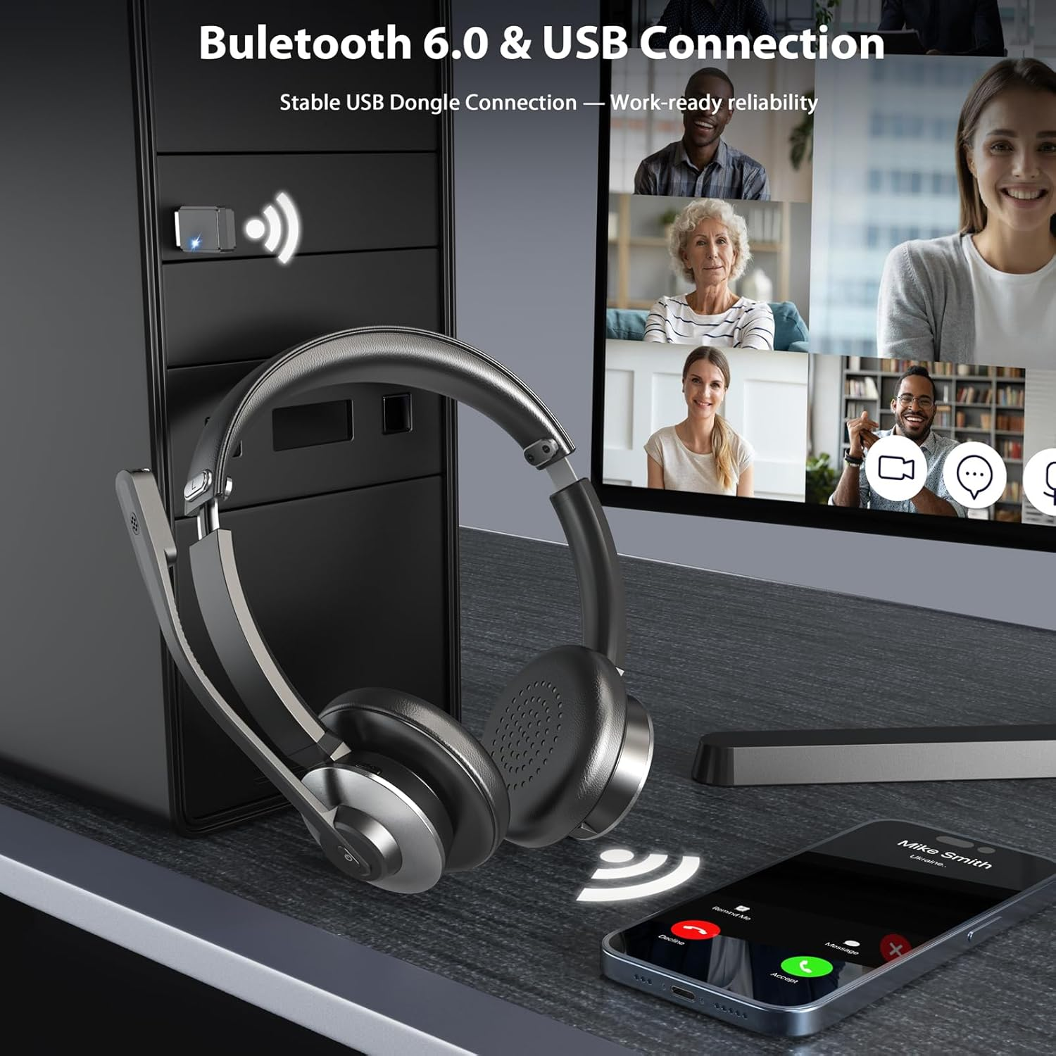 Wireless Headset with Microphone - Bluetooth 6.0 AI Noise Cancelling Headset for PC, Mobile & Call Centers
