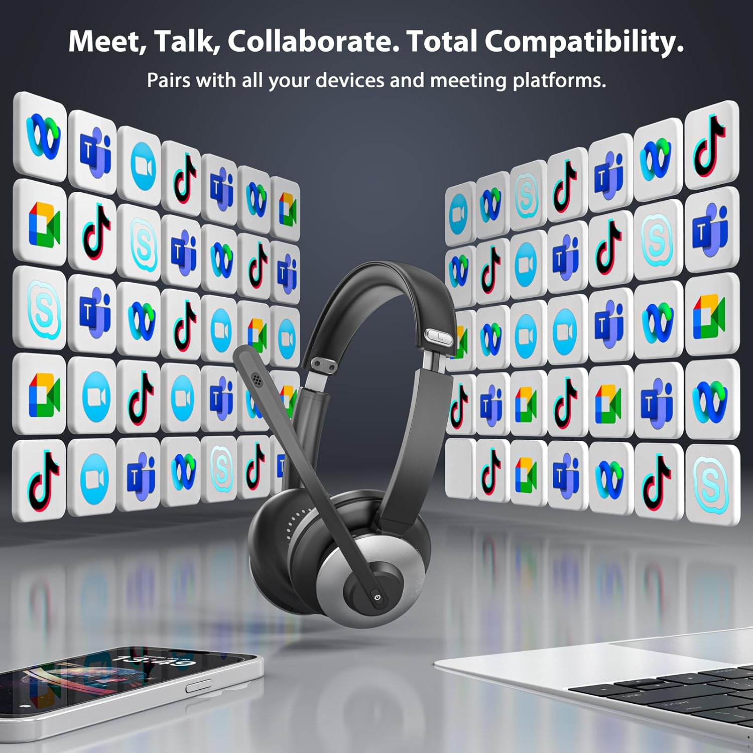 Wireless Headset with Microphone - Bluetooth 6.0 AI Noise Cancelling Headset for PC, Mobile & Call Centers