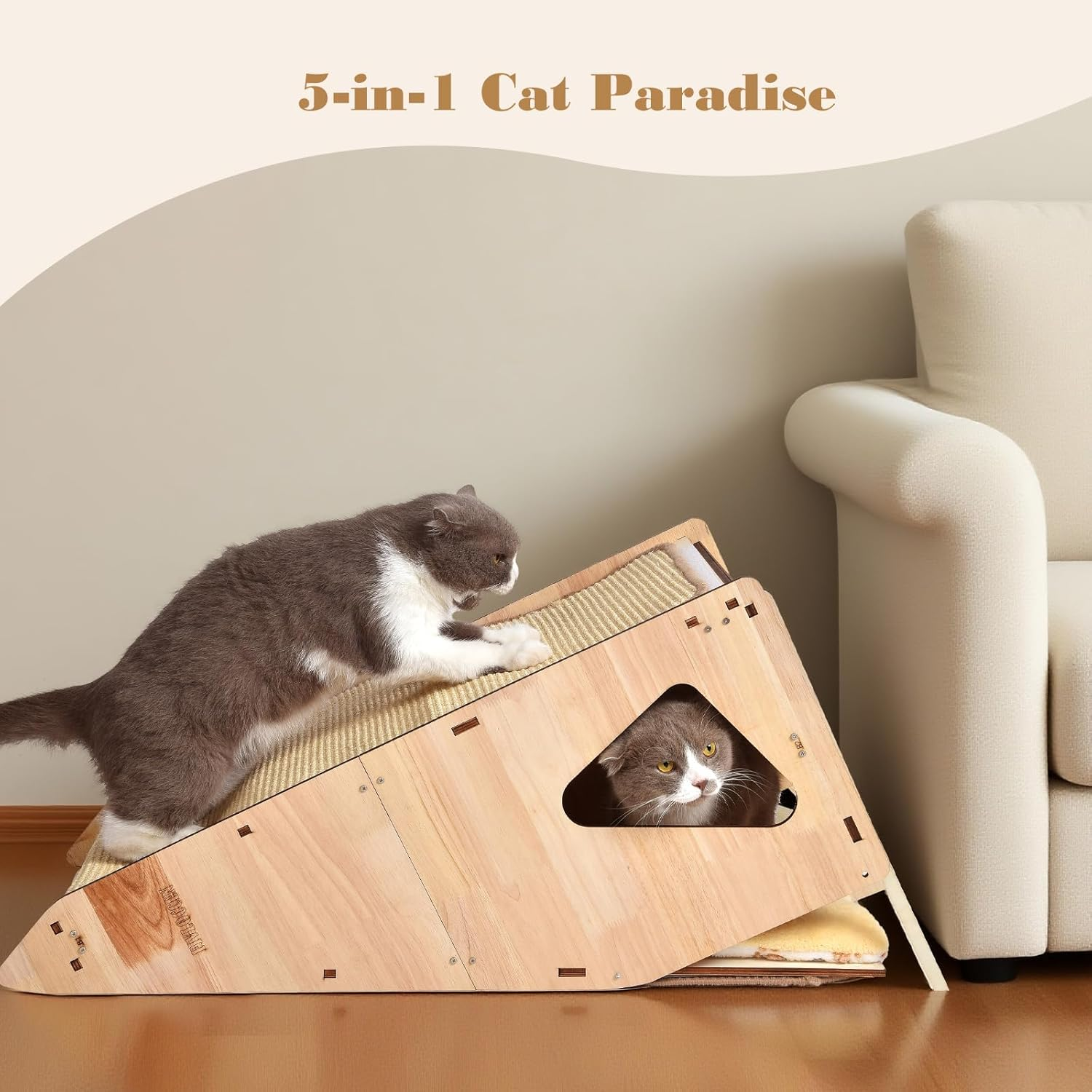 Wood-Framed Cat Scratching Post - Multi-Level Cat Tree with Sisal Posts, Hideaway & Bed for Multiple Cats