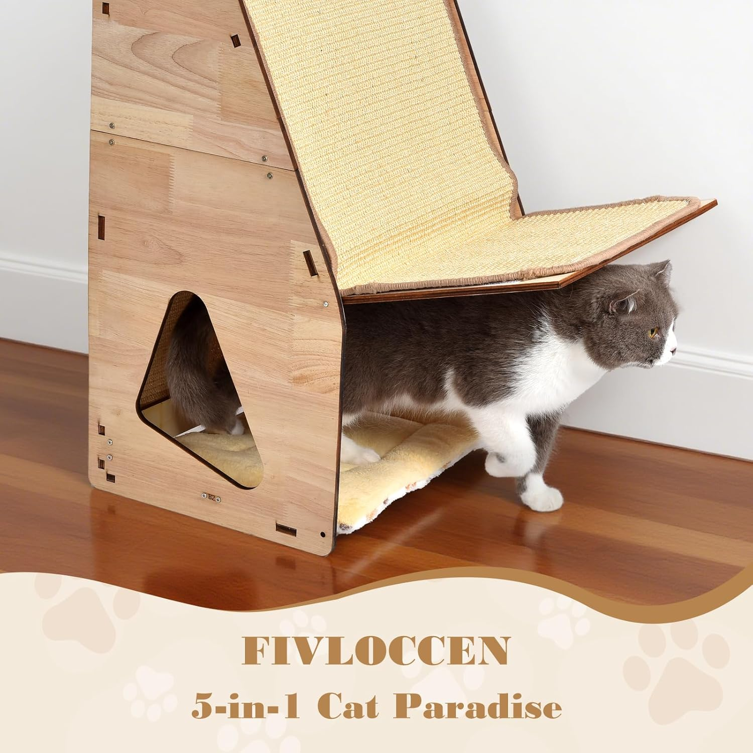 Wood-Framed Cat Scratching Post - Multi-Level Cat Tree with Sisal Posts, Hideaway & Bed for Multiple Cats