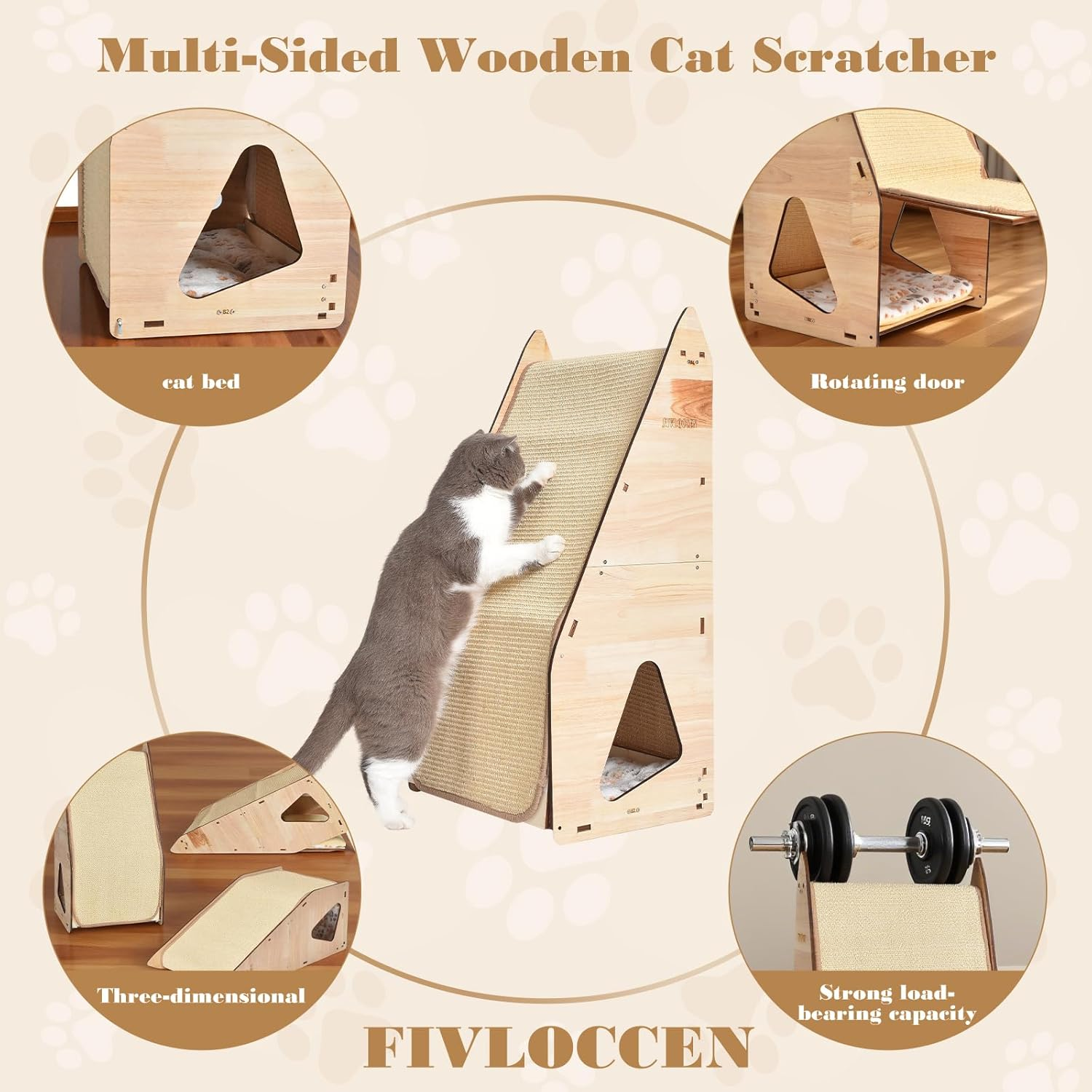 Wood-Framed Cat Scratching Post - Multi-Level Cat Tree with Sisal Posts, Hideaway & Bed for Multiple Cats