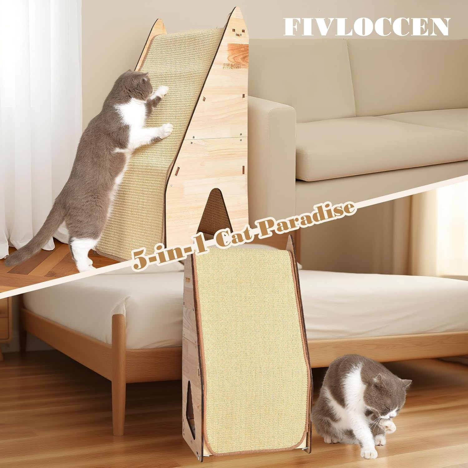 Wood-Framed Cat Scratching Post - Multi-Level Cat Tree with Sisal Posts, Hideaway & Bed for Multiple Cats