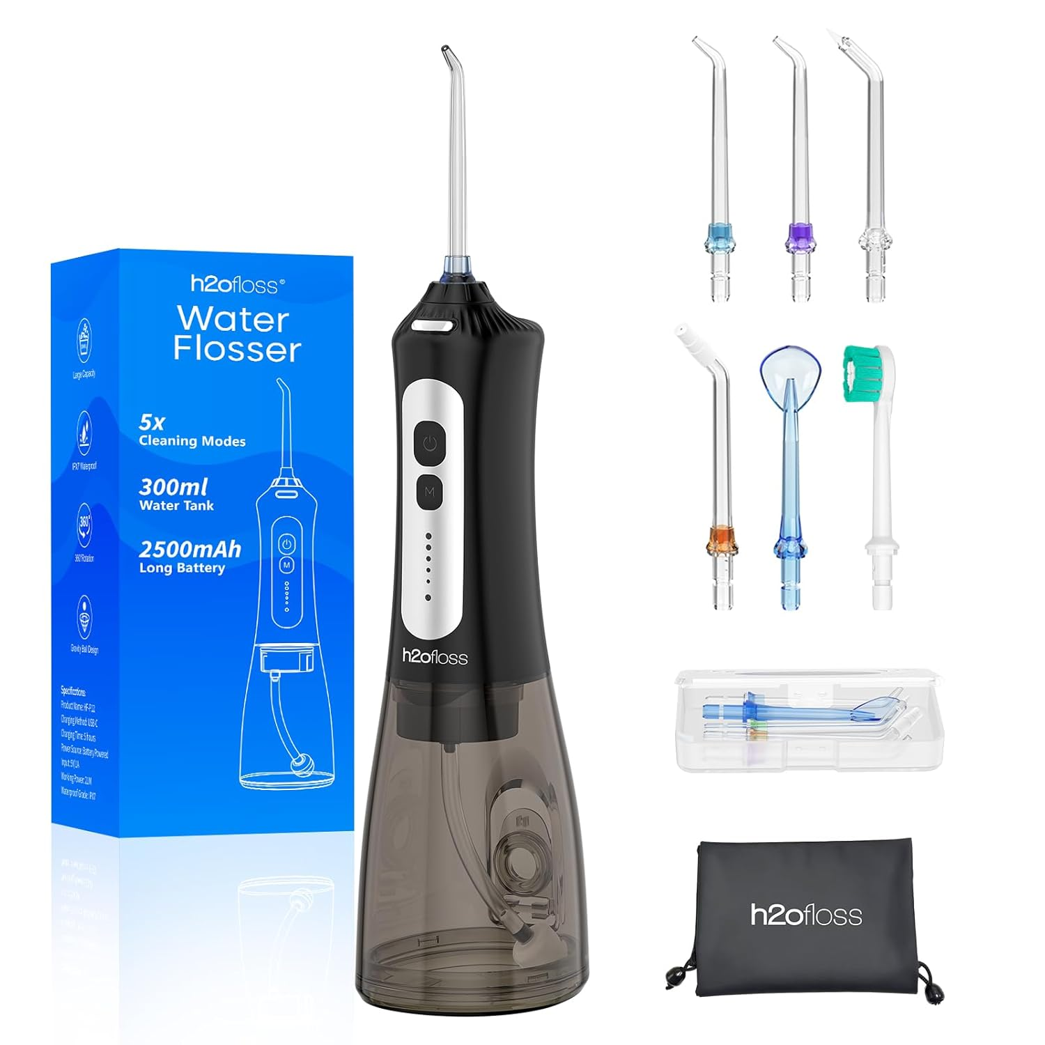 Cordless Water Flosser for Teeth - Portable Oral Irrigator 300ml Tank, 5 Pressure Modes, 6 Tips, IPX7 Waterproof, Rechargeable 2500mAh Battery for Travel & Home Use