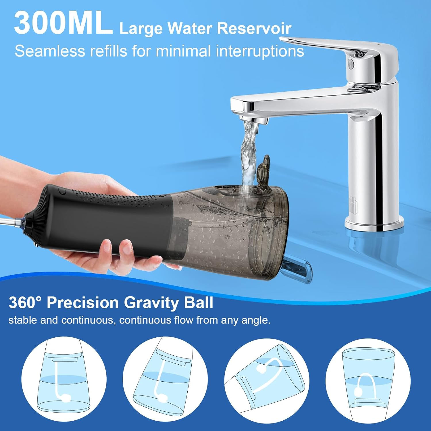 Cordless Water Flosser for Teeth - Portable Oral Irrigator 300ml Tank, 5 Pressure Modes, 6 Tips, IPX7 Waterproof, Rechargeable 2500mAh Battery for Travel & Home Use