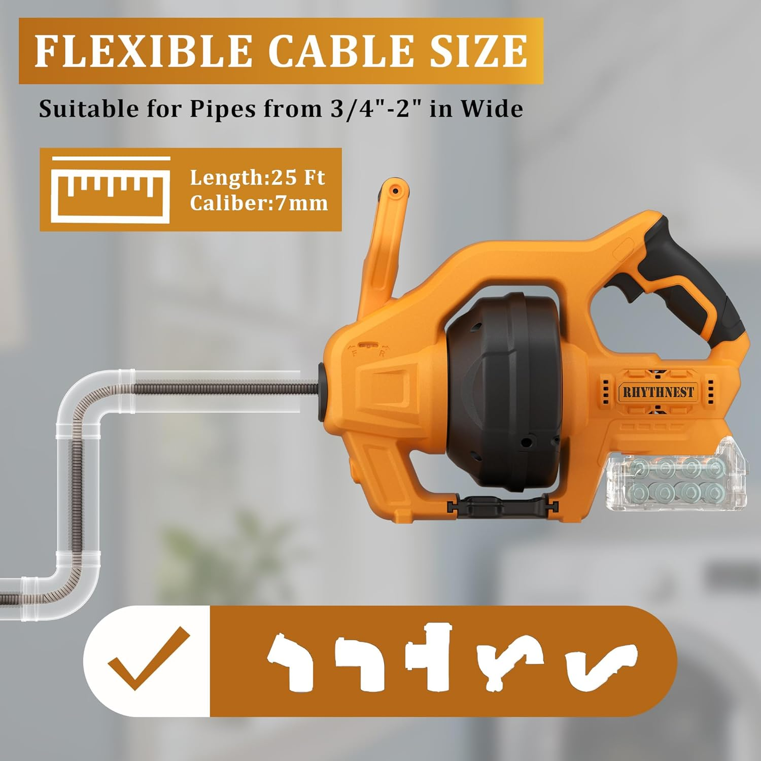 Cordless Drain Auger 25ft Steel Cable for DEWALT 20V - Professional Drain Snake for Clogs